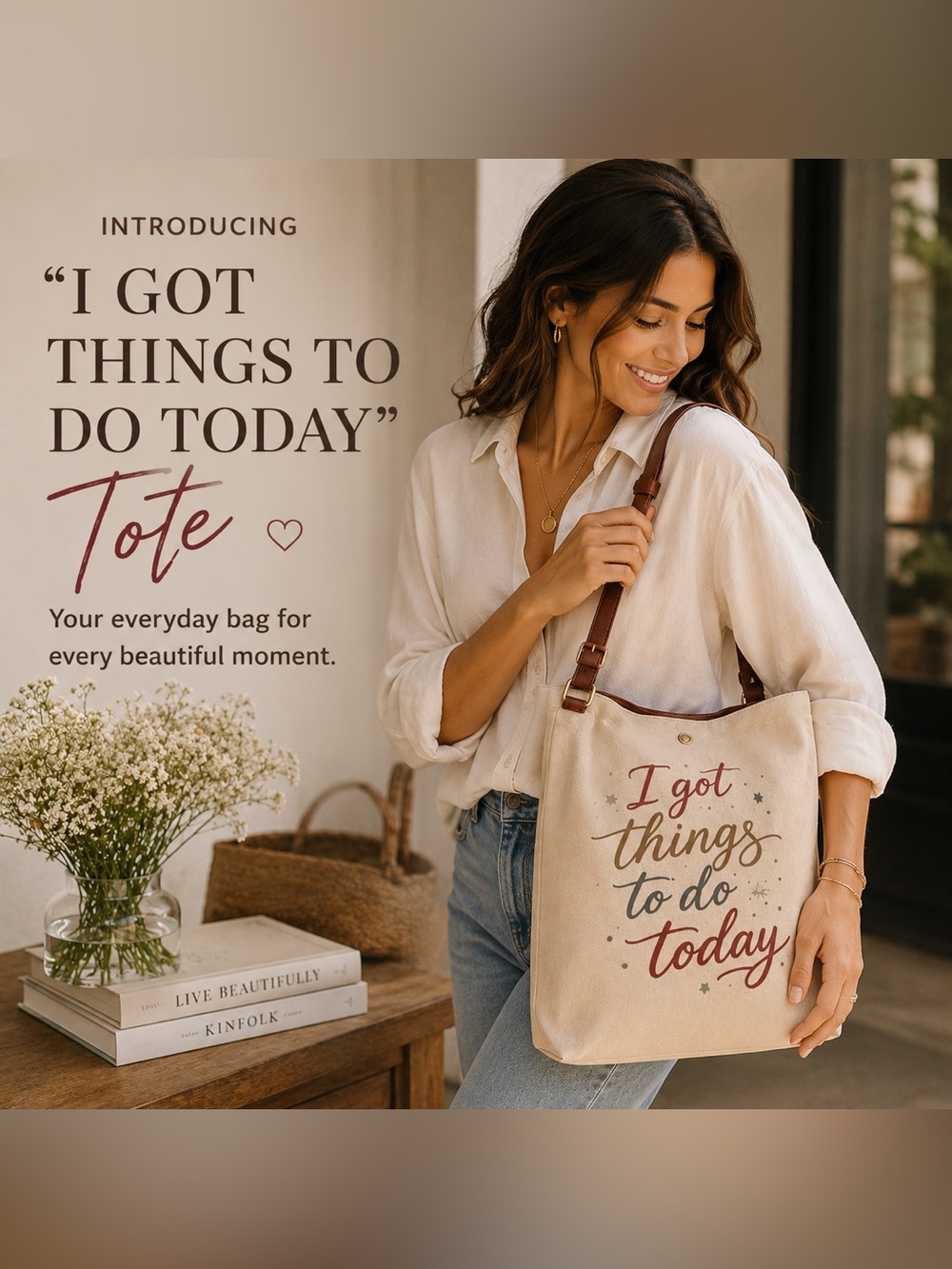 Neutral ItalianCanvas Tote with Brown Leather Straps - "I Got Things to Do Today